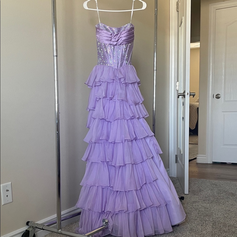 Sherri Hill Lavender Tiered Ruffle Prom Dress